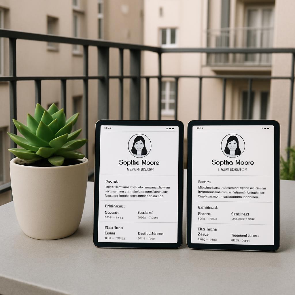 "Two tablets displaying profiles on an outdoor patio with plants.",
