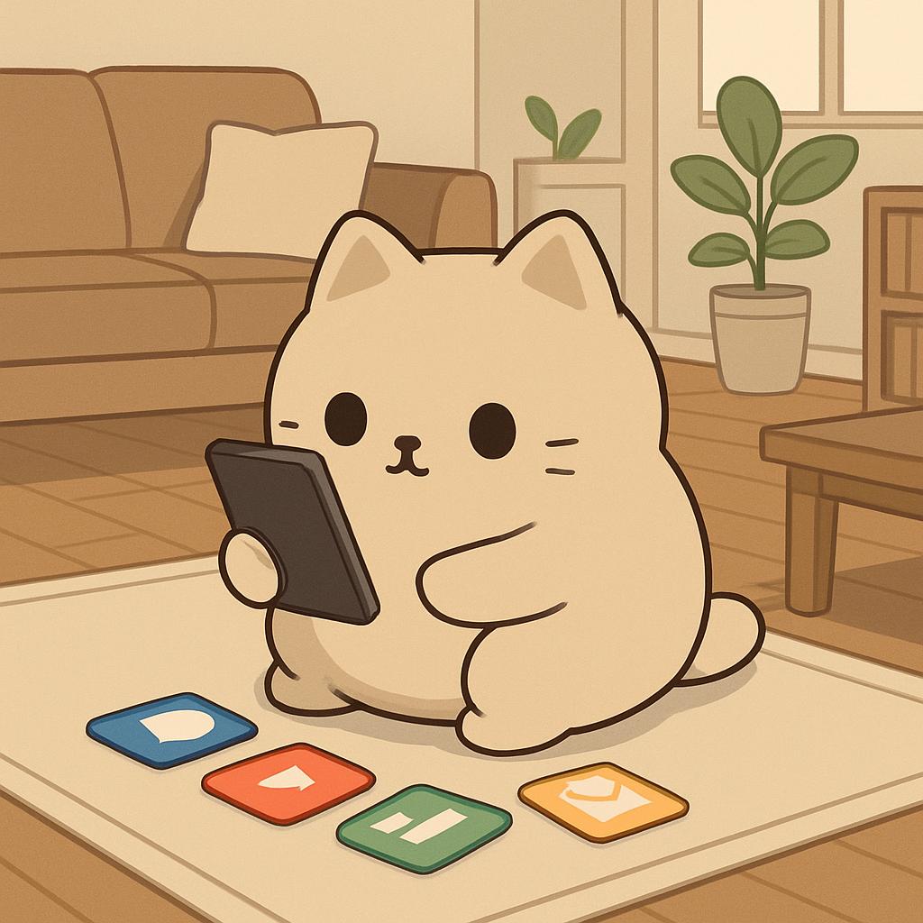 A cartoon cat sitting in a living room on a coffee table is looking at a cell phone, possibly with a similar configuration...